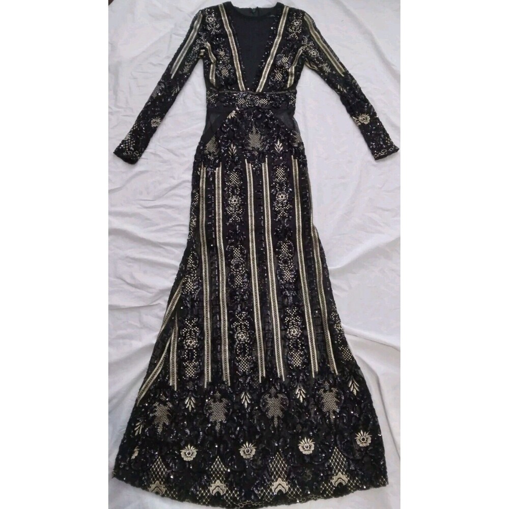 Fashion Nova Dress Black Gold Sequin Floral Embroidered Evening Gown Size Small - Picture 1 of 16